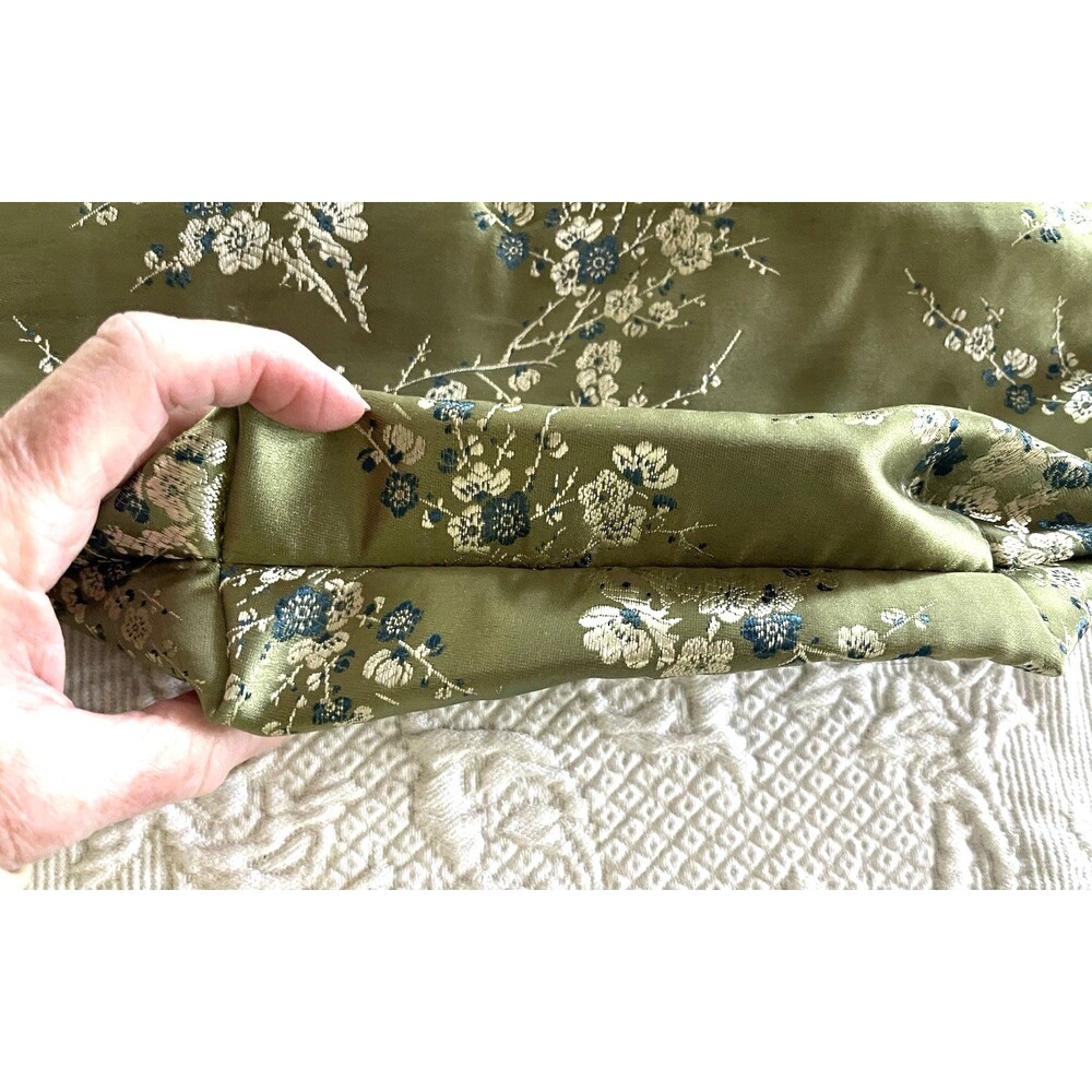 Asian Inspired Green Floral Handbag Brown Bamboo Handles - Picture 4 of 15